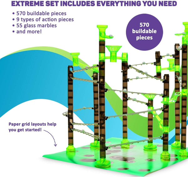 Marble Genius Marble Rails Extreme Set, 625 Piece Marble Run (55 Marbles, 80 Rail Pieces, 20 Base Pieces, and More), with Online App and Full-Color Instructions