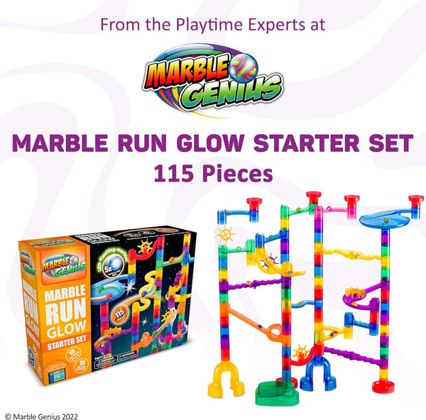 Marble Genius Marble Glow Run Race Track Set Glow in The Dark (115 pcs) STEM Educational Building Block Toy, Instruction App Access & Full Color Instruction Manual, Great Gift for Kids, Starter Set